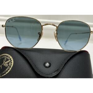 Ray-Ban Hexagonal Gold Aviator Sunglasses Blue Ace Lens White Signature Medium